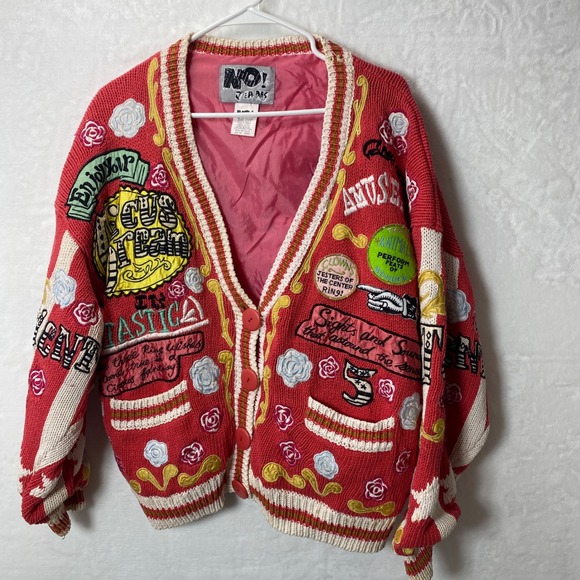 VTG NO! The Jeans Revolt Graphic Print Knit Sweater Funky Quirky Baggy Cardigan - Picture 1 of 11